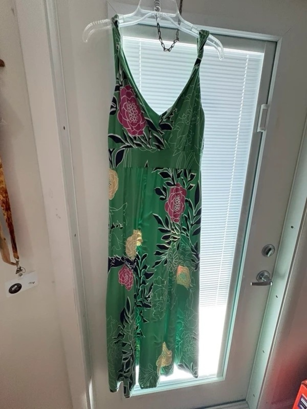 Green Floral Midi Dress with Pink & Gold Flower Print